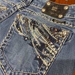 Miss Me Distressed Bootcut Jeans with Embellishments, Size 30